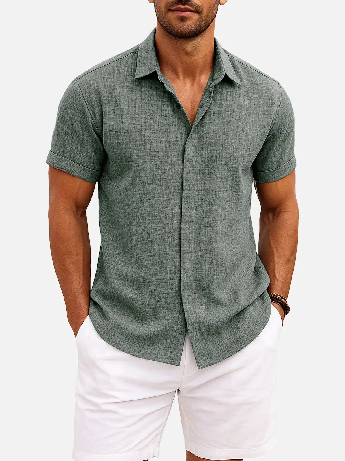 Enrico | Camicia Uomo Maniche Corte Misto Cotone e Lino Verde