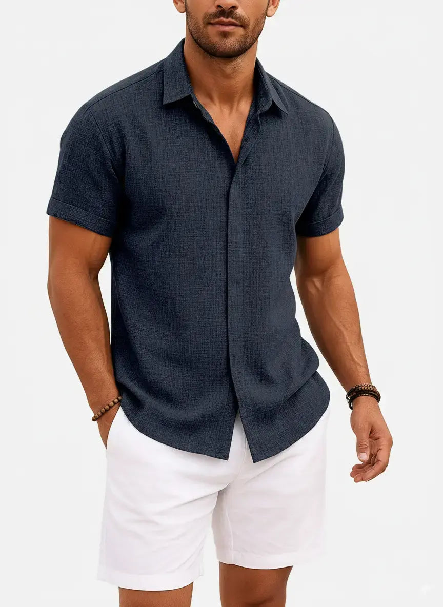 Enrico | Camicia Uomo Maniche Corte Misto Cotone e Lino Blu Navy
