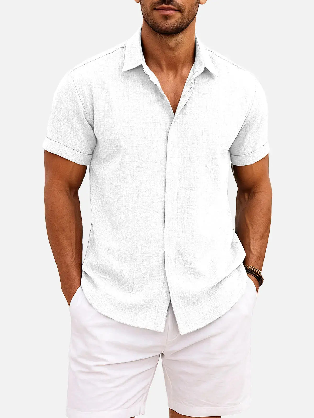 Enrico | Camicia Uomo Maniche Corte Misto Cotone e Lino Bianco