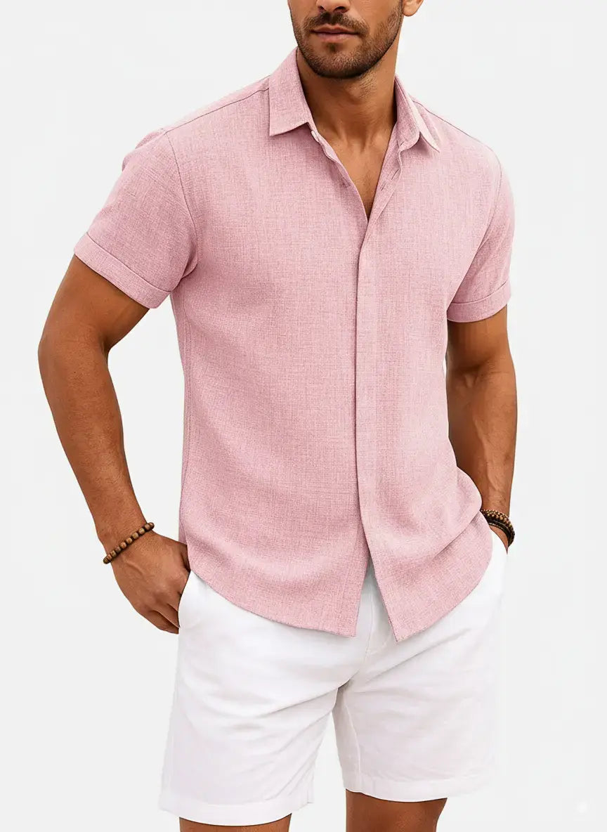 Enrico | Camicia Uomo Maniche Corte Misto Cotone e Lino Rosa