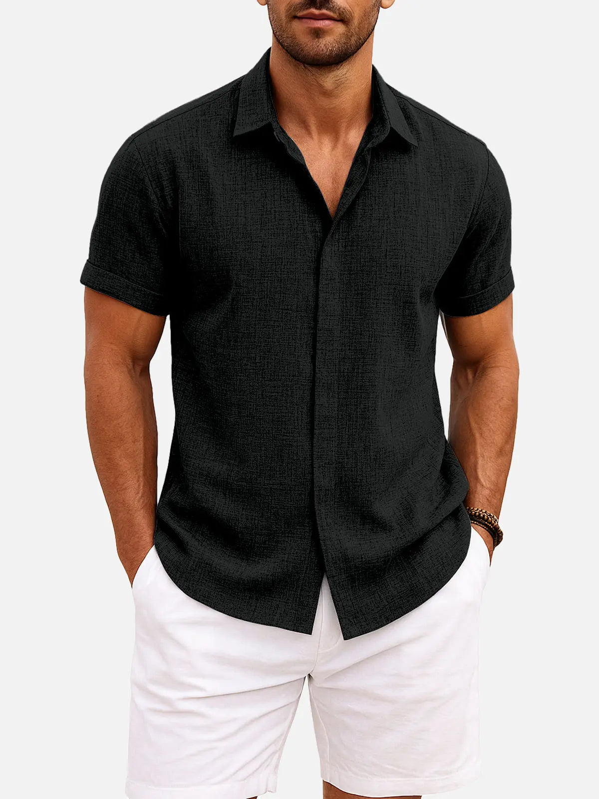 Enrico | Camicia Uomo Maniche Corte Misto Cotone e Lino Nero