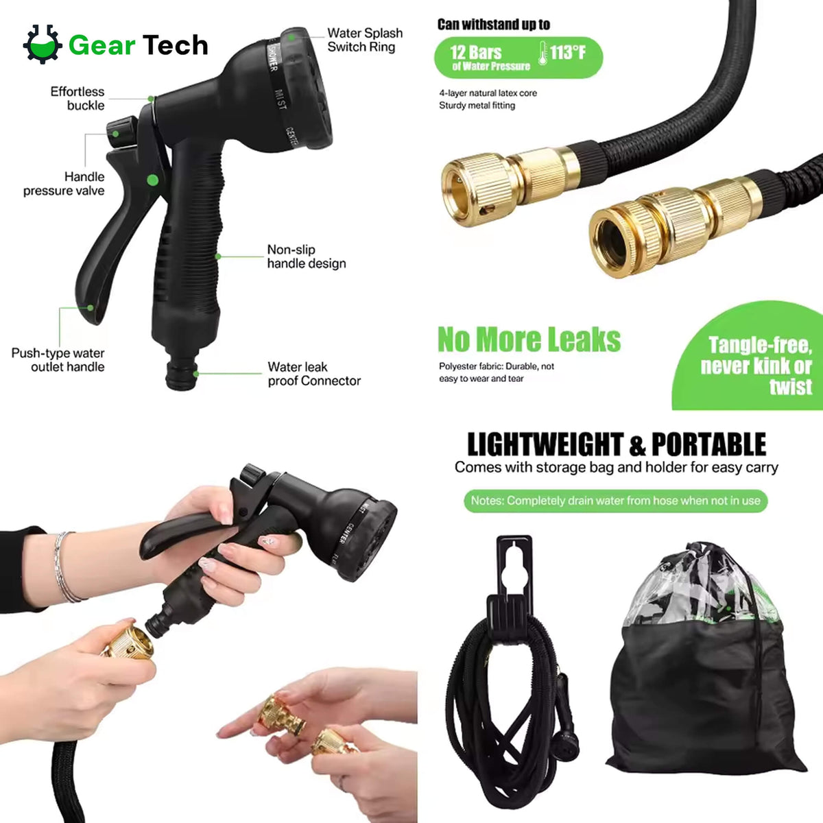 Expandable Garden Hose with 8-Pattern Spray Nozzle Brass Connectors and Anti-Kink Design - Image 3