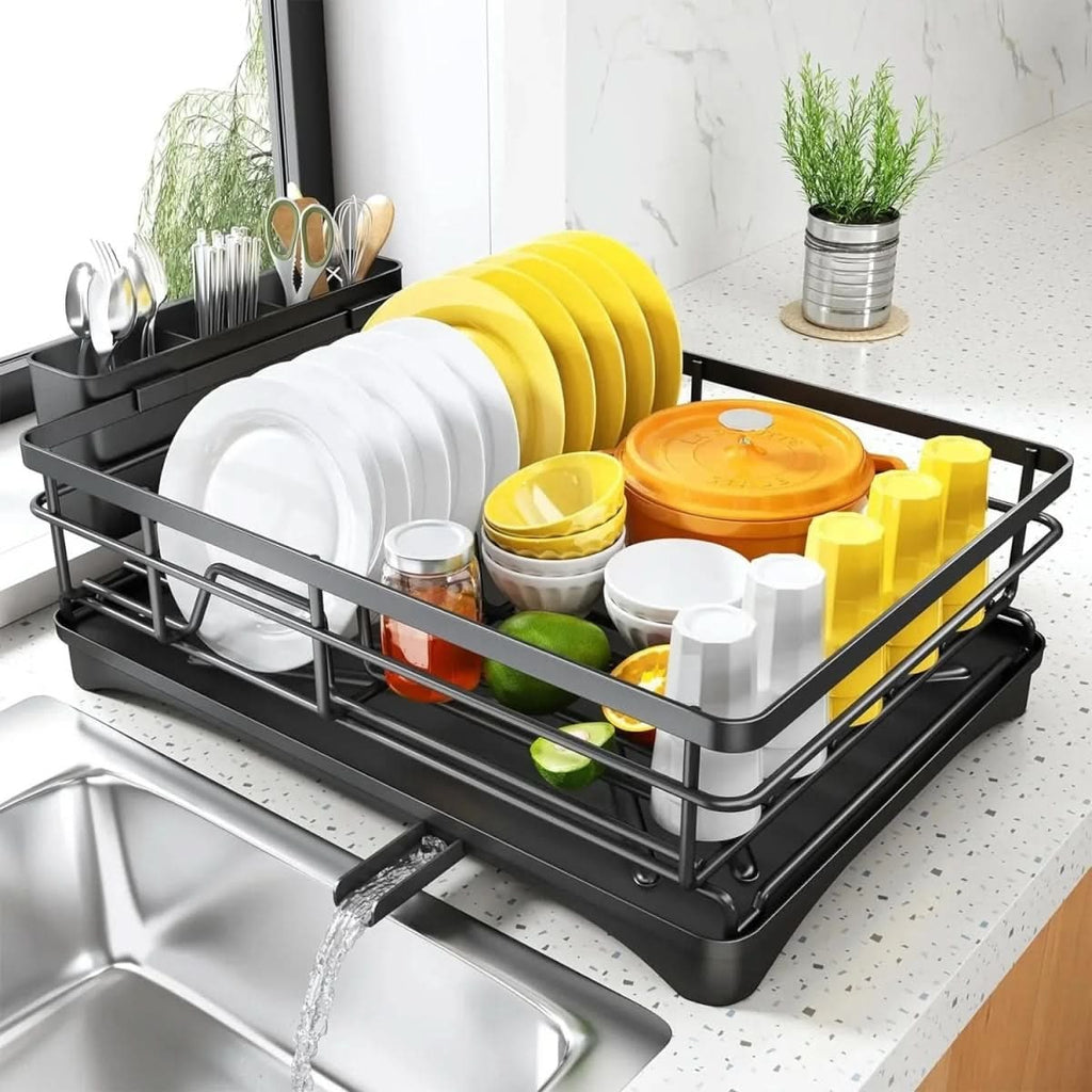 Extendable Dish Drying Rack with Integrated Drip Tray and Drainage Spout - Image 1