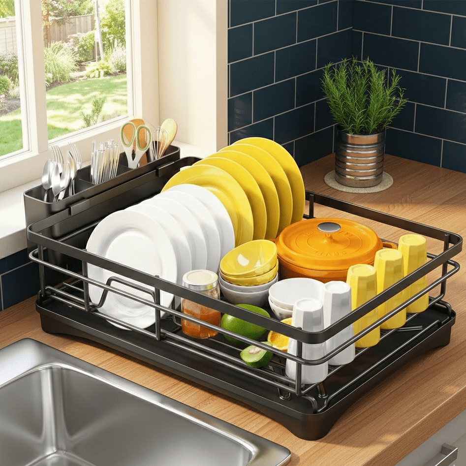 Extendable Dish Drying Rack with Integrated Drip Tray and Drainage Spout - Image 2