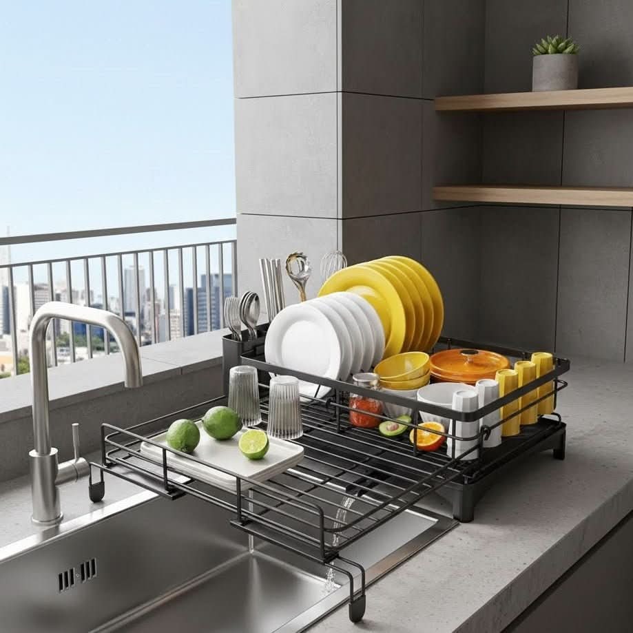 Extendable Dish Drying Rack with Integrated Drip Tray and Drainage Spout - Image 3