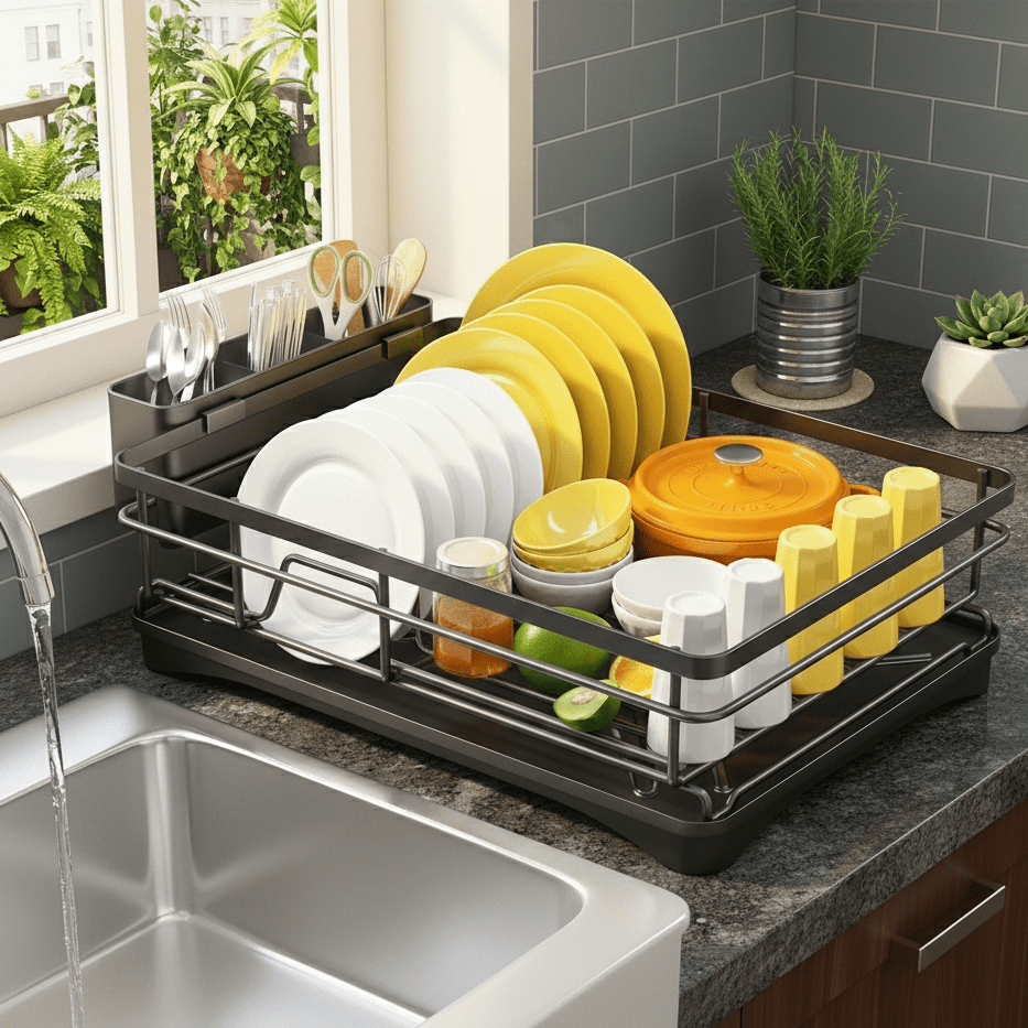 Extendable Dish Drying Rack with Integrated Drip Tray and Drainage Spout - Image 4