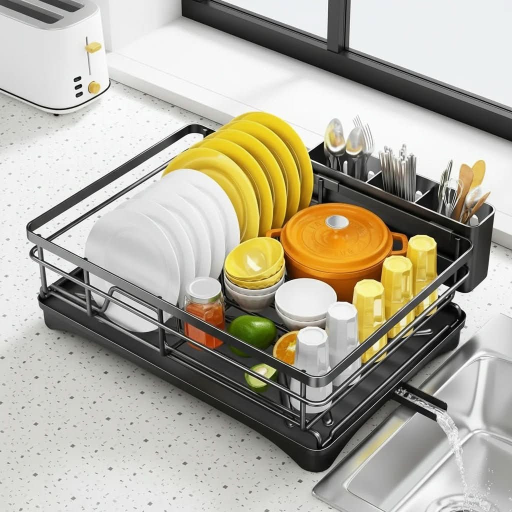 Extendable Dish Drying Rack with Integrated Drip Tray and Drainage Spout - Image 6
