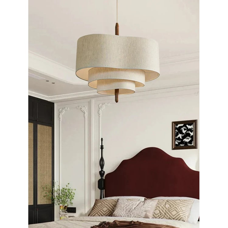 Fabric Pendant Light with Linen Shade and Wood Spindle for Dining Room Living - Image 1