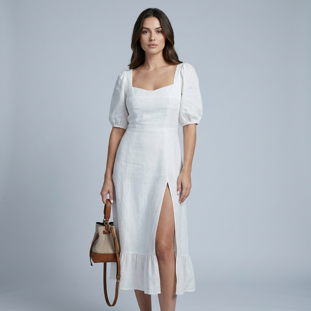 Federica | Abito Midi Donna Lino Elegante Scollo Quadrato