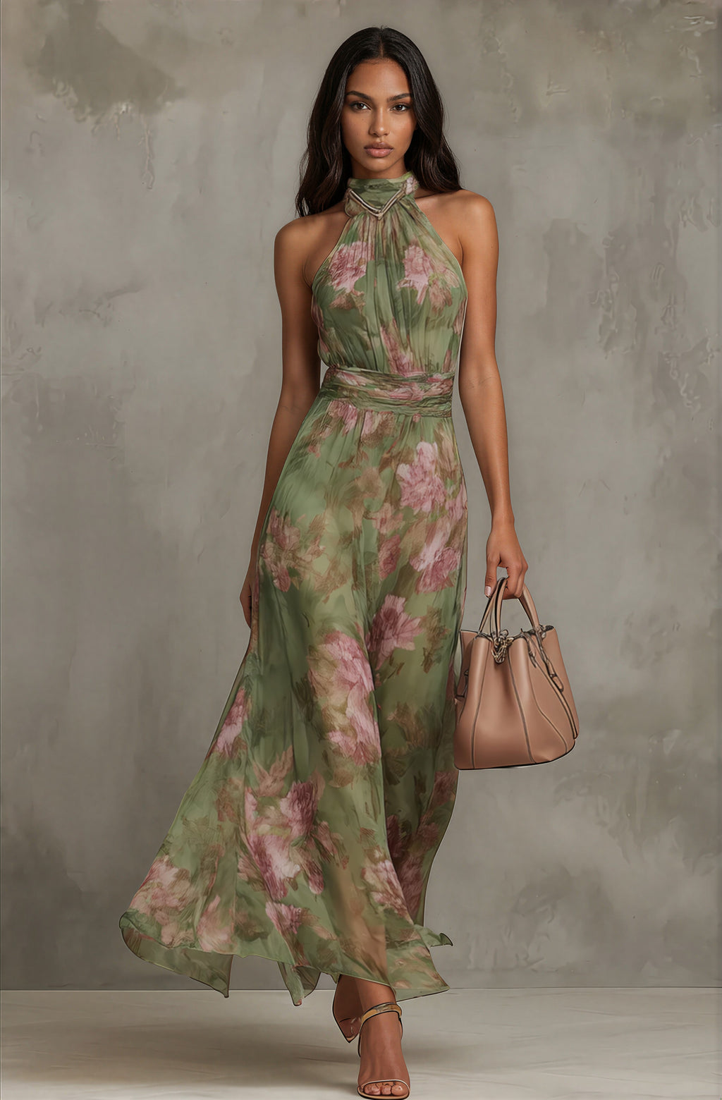 Federica | Elegante Abito Lungo Floreale con Collo Halter Verde Smeraldo XS