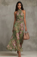 Federica | Elegante Abito Lungo Floreale con Collo Halter Verde Smeraldo XS