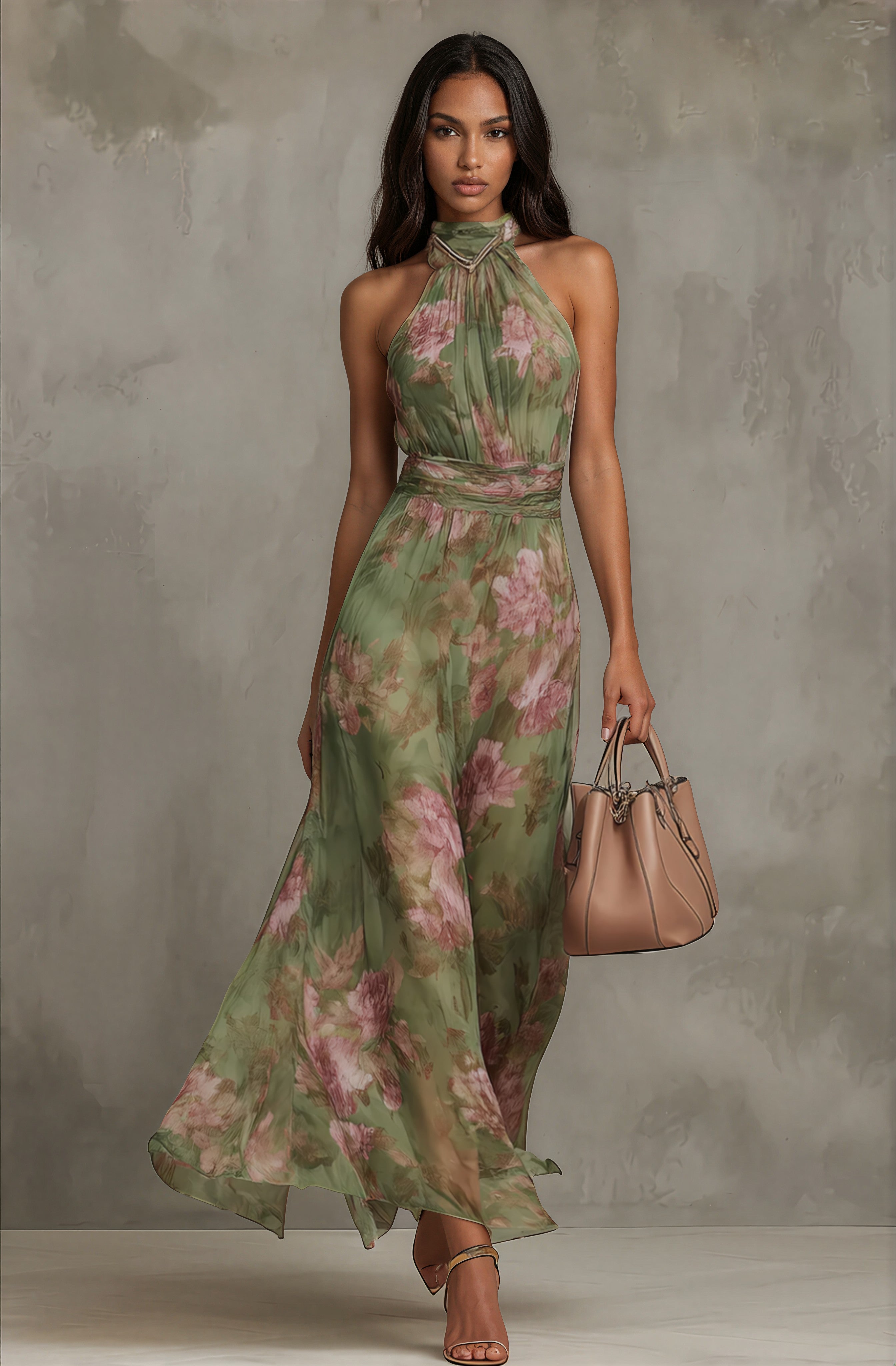 Federica | Elegante Abito Lungo Floreale con Collo Halter Verde Smeraldo XS