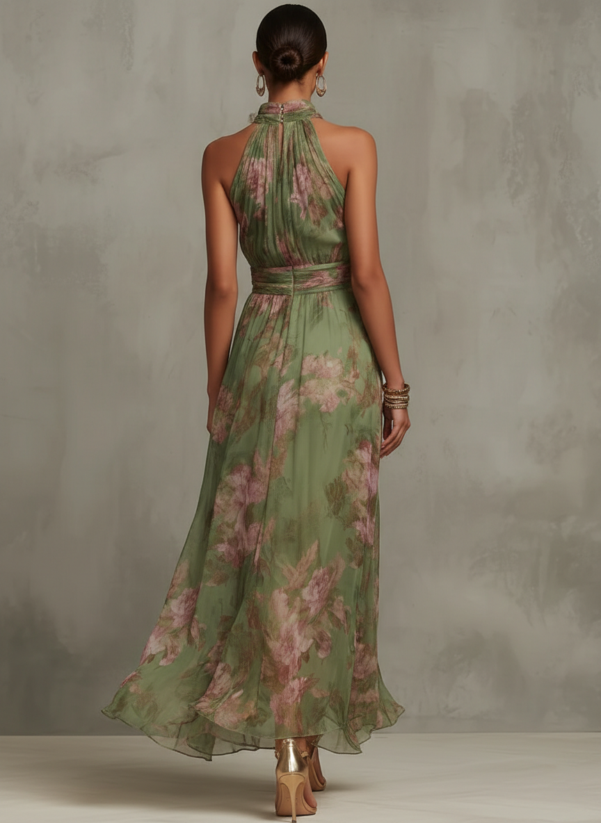 Federica | Elegante Abito Lungo Floreale con Collo Halter Verde Smeraldo S