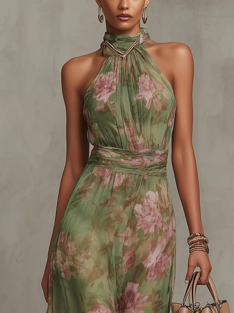 Federica | Elegante Abito Lungo Floreale con Collo Halter Verde Smeraldo M
