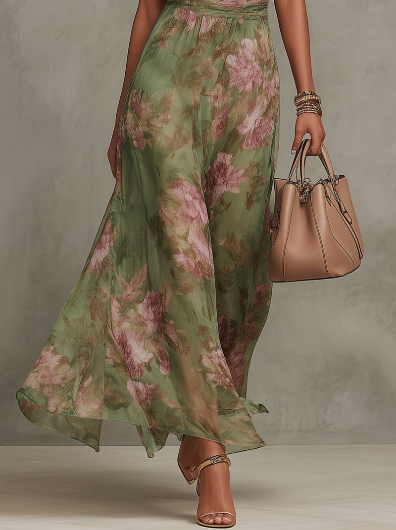 Federica | Elegante Abito Lungo Floreale con Collo Halter Verde Smeraldo
