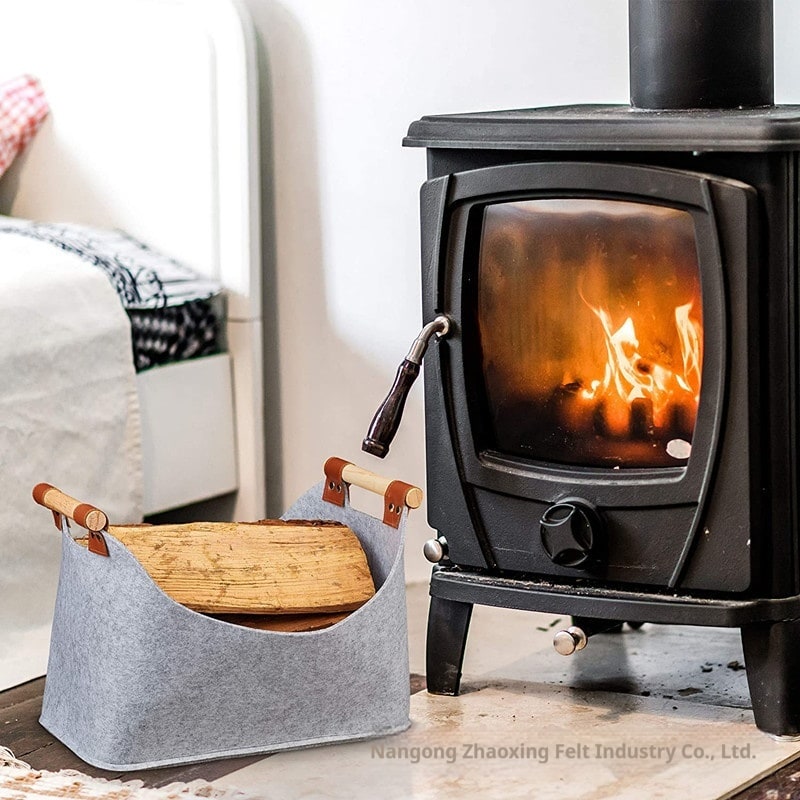 Firewood Storage Basket with Wooden Handles and Leather Straps - Image 3