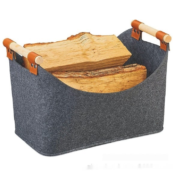 Firewood Storage Basket with Wooden Handles and Leather Straps - Image 4