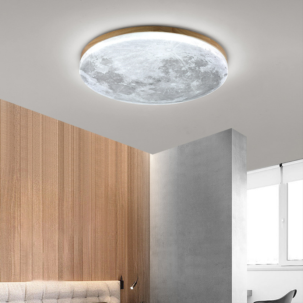 Flush Mount Ceiling Light with Moon Surface Texture and Round Wooden Frame - Image 4