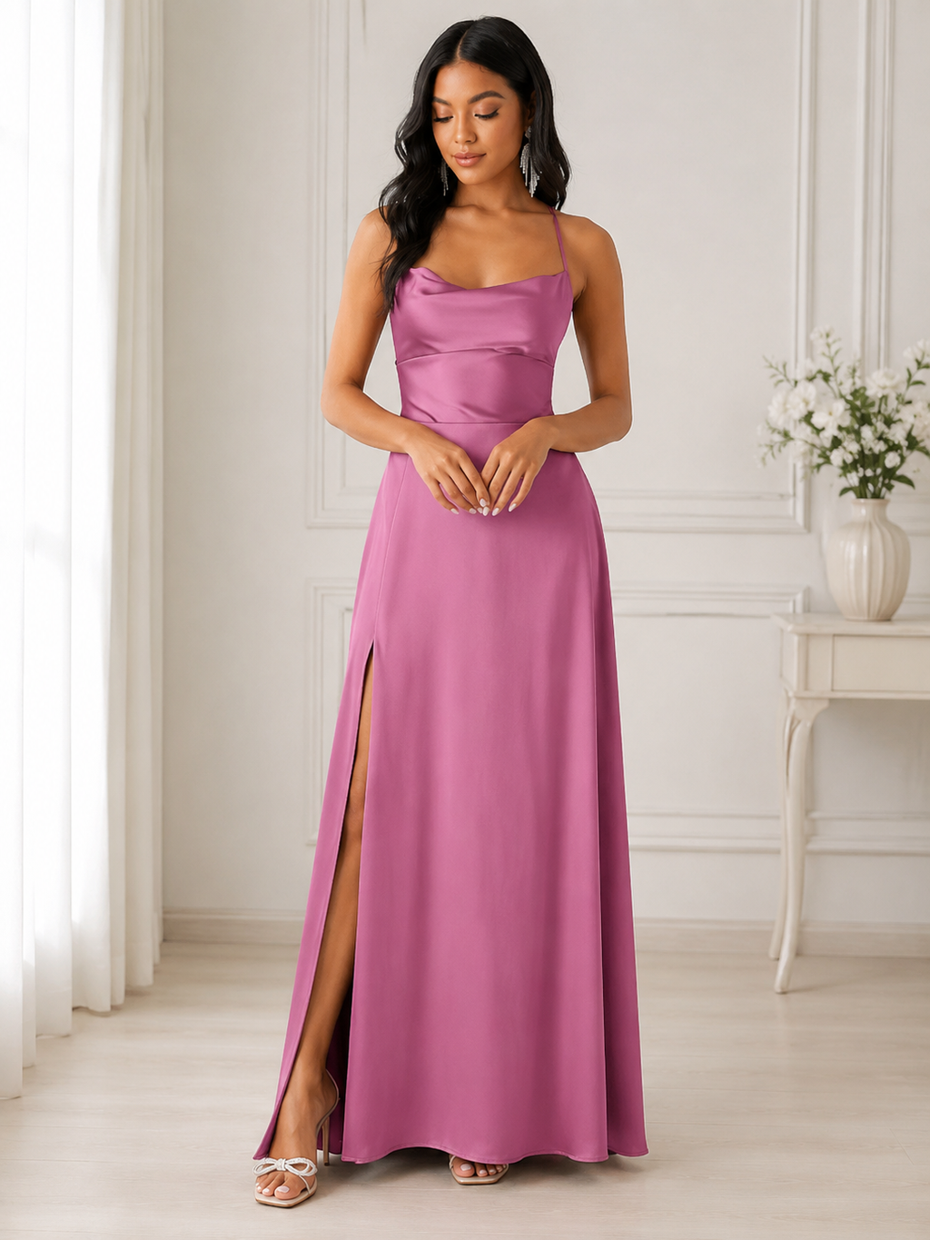 Francesca | Abito Maxi Donna Scollo Cowl Spacco Laterale Rosa