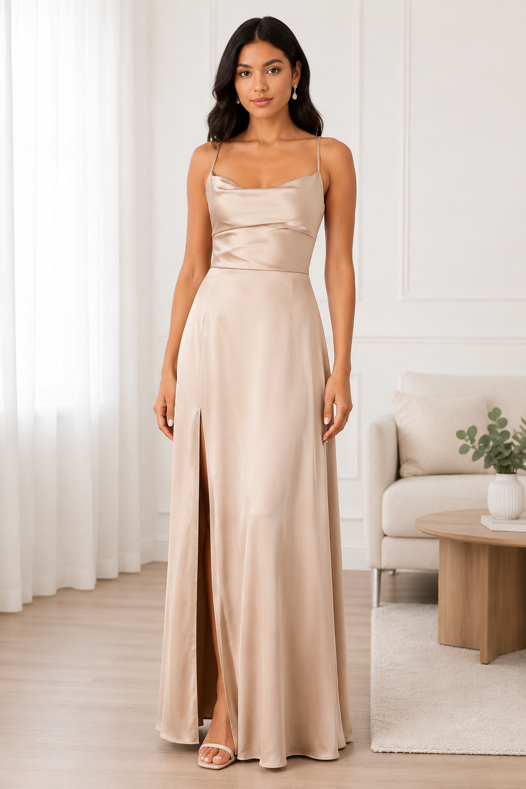 Francesca | Abito Maxi Donna Scollo Cowl Spacco Laterale Beige