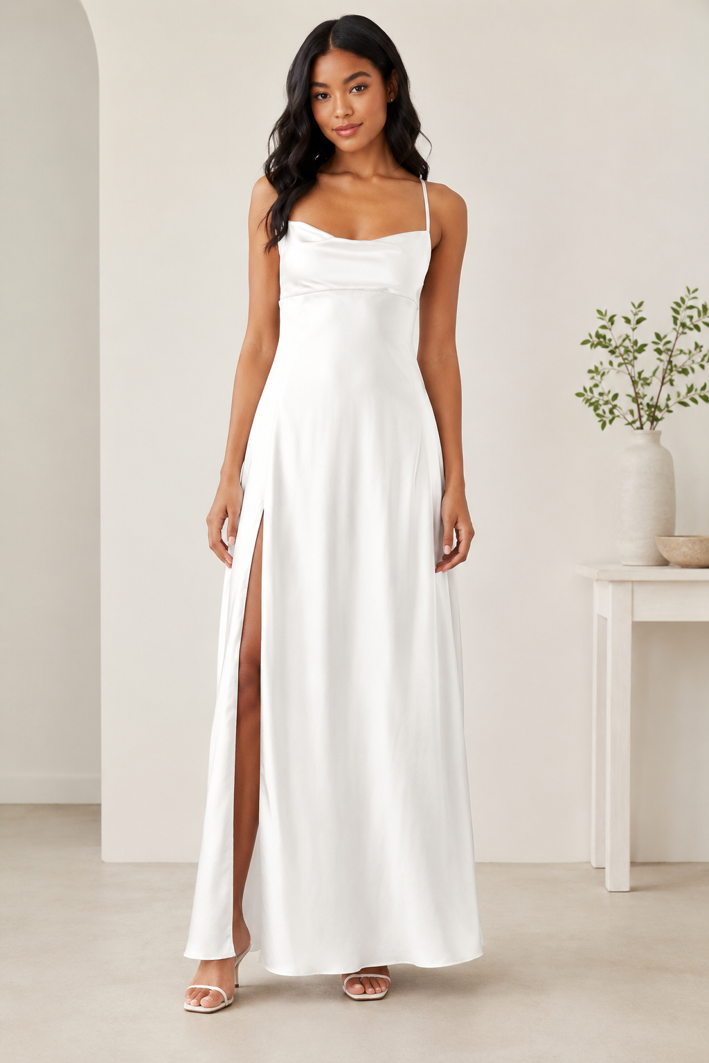 Francesca | Abito Maxi Donna Scollo Cowl Spacco Laterale Bianco