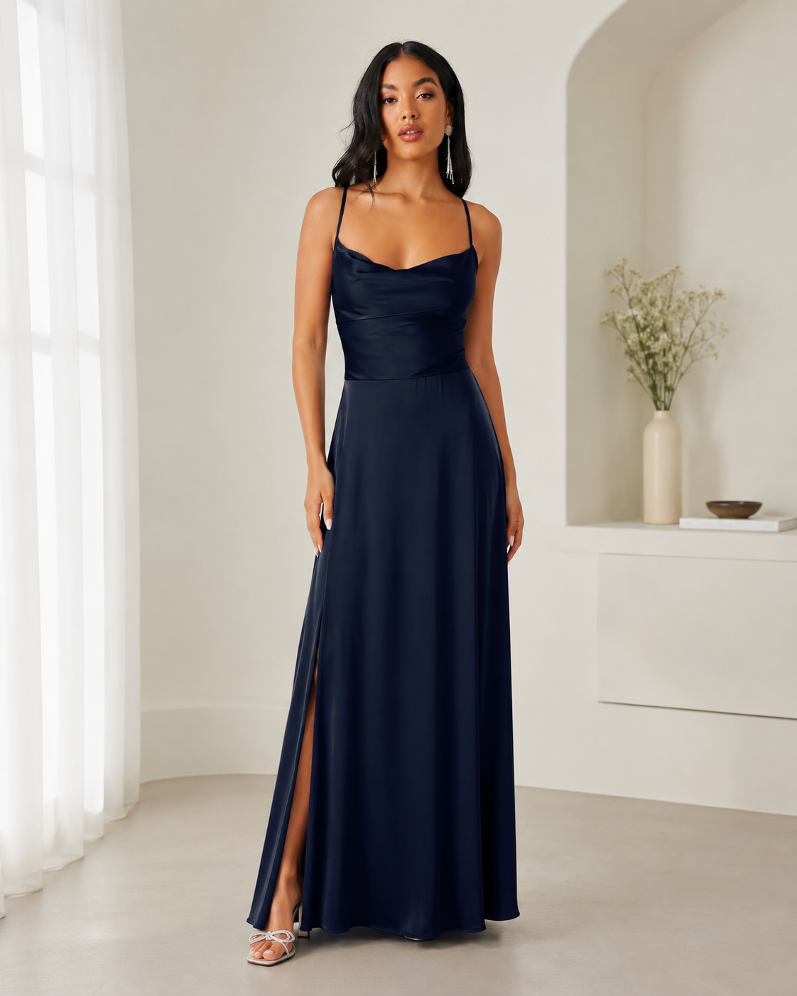 Francesca | Abito Maxi Donna Scollo Cowl Spacco Laterale Blu Navy