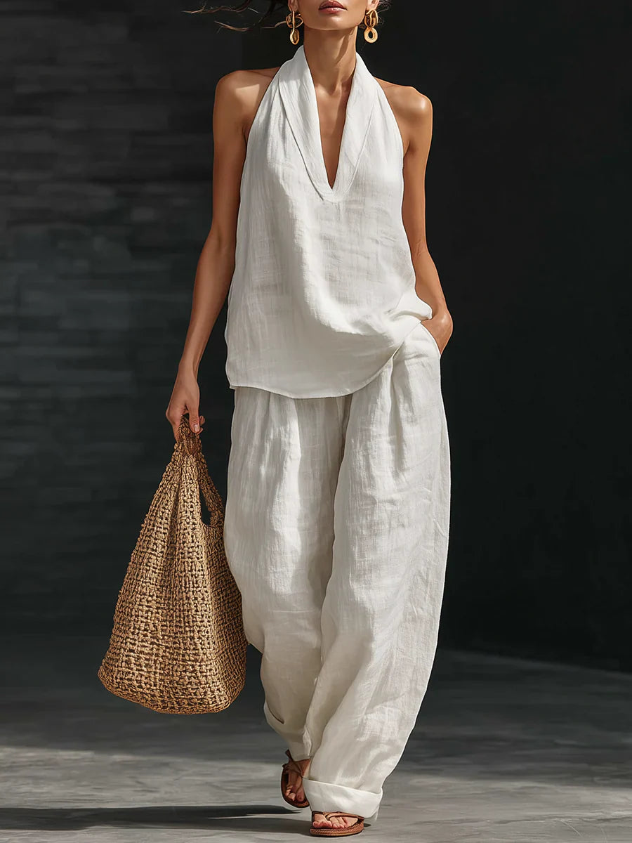 Francesca | Completo Donna Top Scollo V Pantalone Largo Bianco