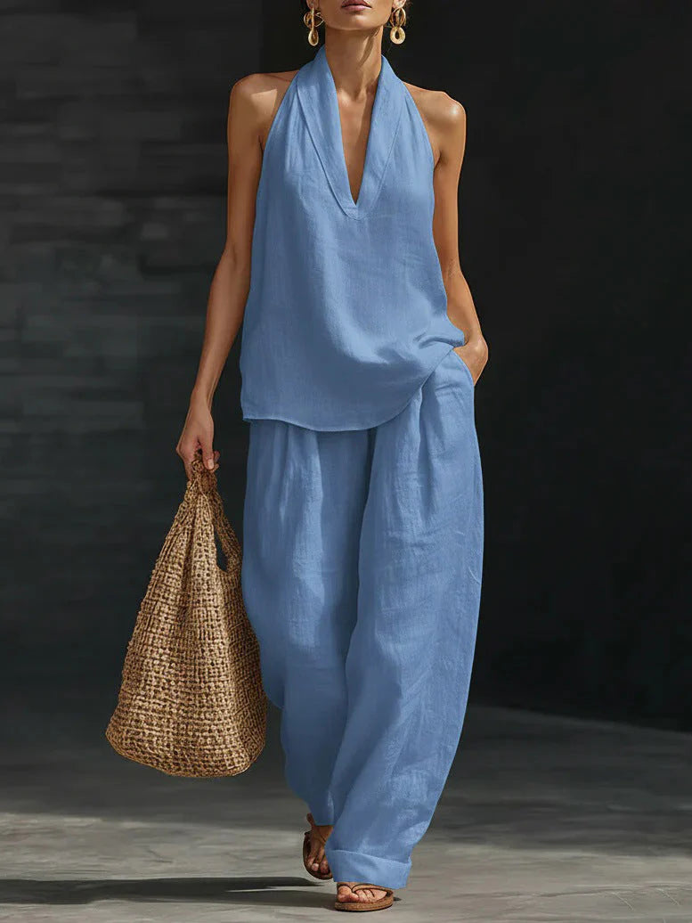 Francesca | Completo Donna Top Scollo V Pantalone Largo Azzurro