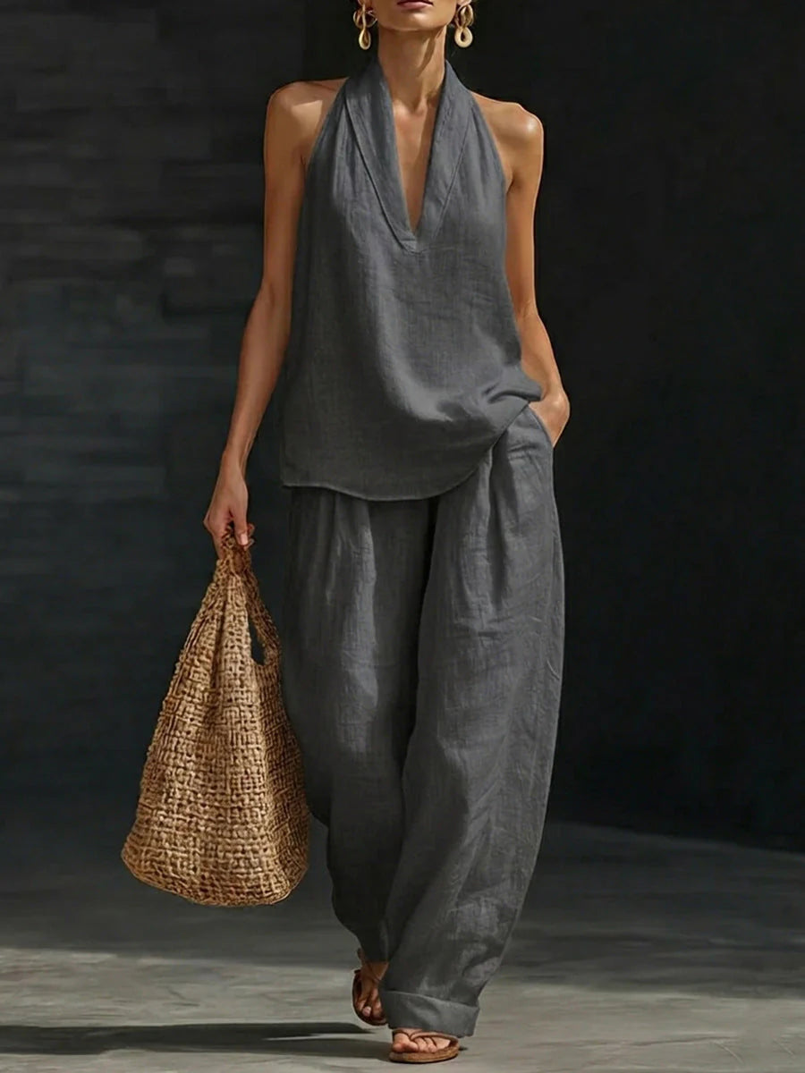 Francesca | Completo Donna Top Scollo V Pantalone Largo Grigio