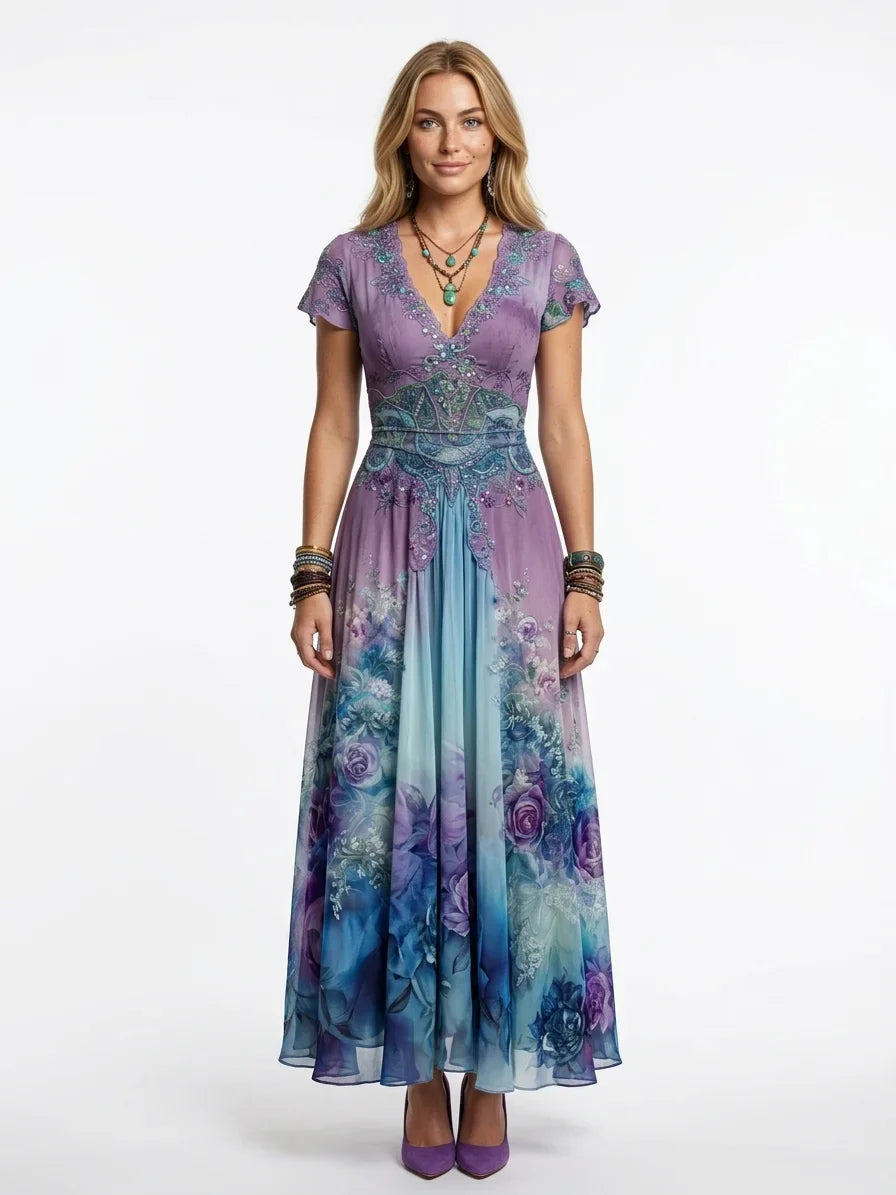 Francesca | Donna Abito Maxi Estivo Floreale Scollo V