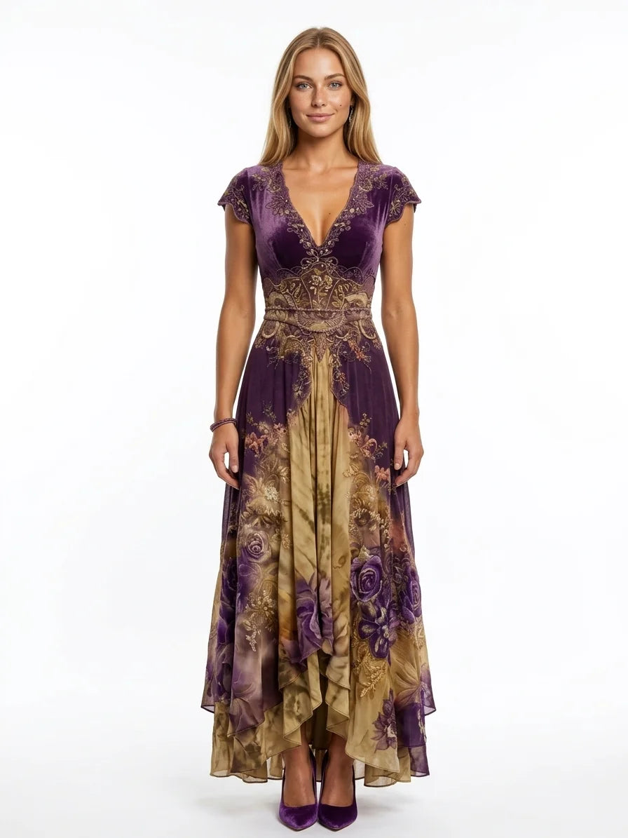 Francesca | Donna Abito Maxi Estivo Floreale Scollo V Kaki