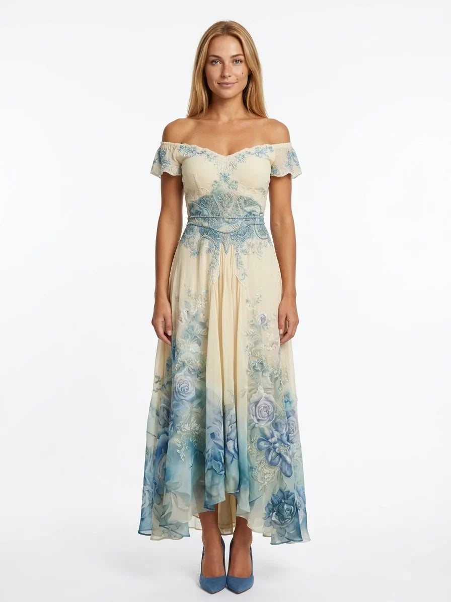 Francesca | Donna Abito Maxi Estivo Floreale Scollo V Blu