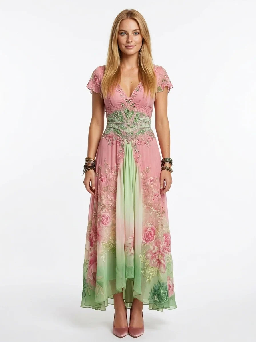 Francesca | Donna Abito Maxi Estivo Floreale Scollo V Rosa