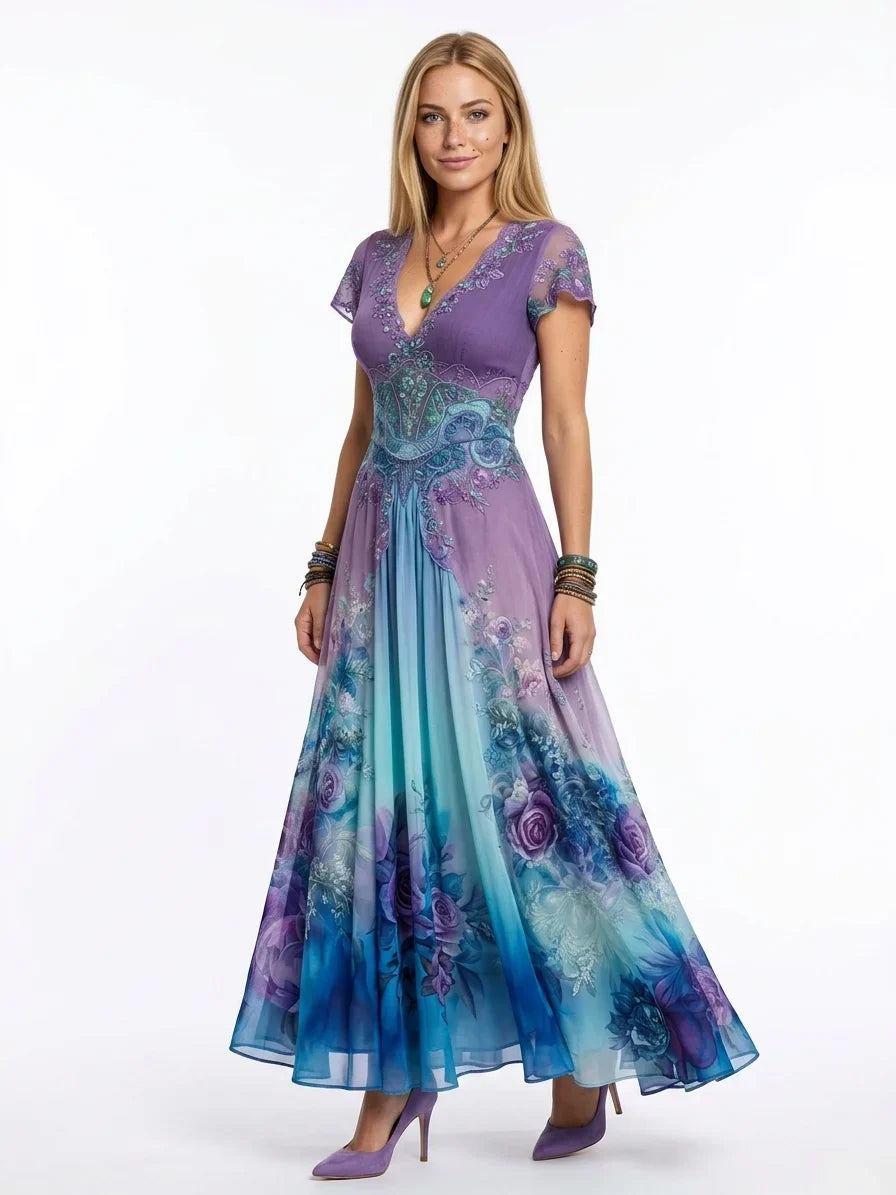 Francesca | Donna Abito Maxi Estivo Floreale Scollo V