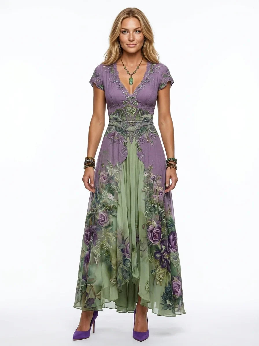 Francesca | Donna Abito Maxi Estivo Floreale Scollo V Beige