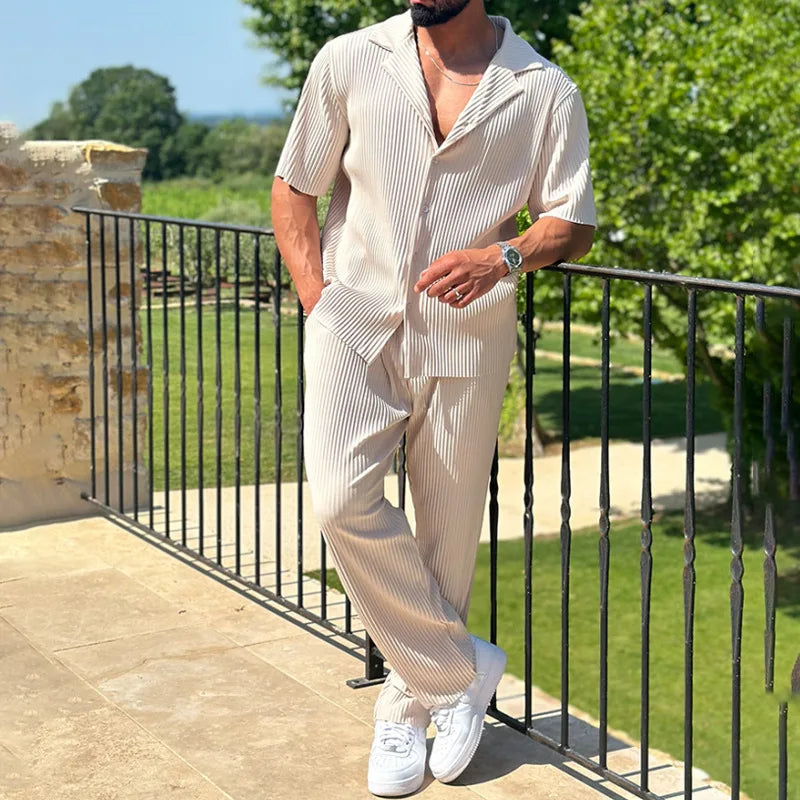 Francesco | Completo Uomo Estivo Camicia Pantalone Righe Beige