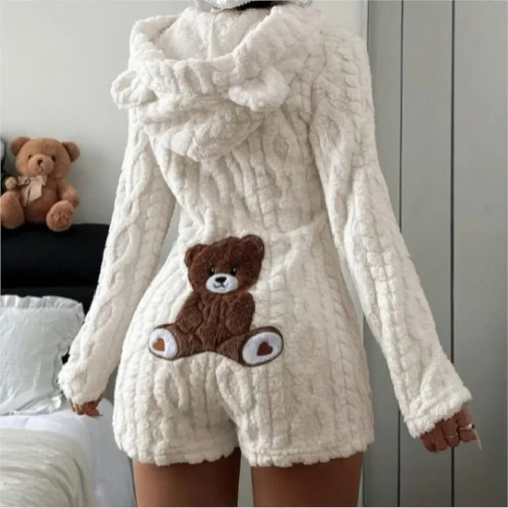 Fuzzy Romper with Long Sleeves Hooded Neckline and Teddy Bear Patch - Image 1