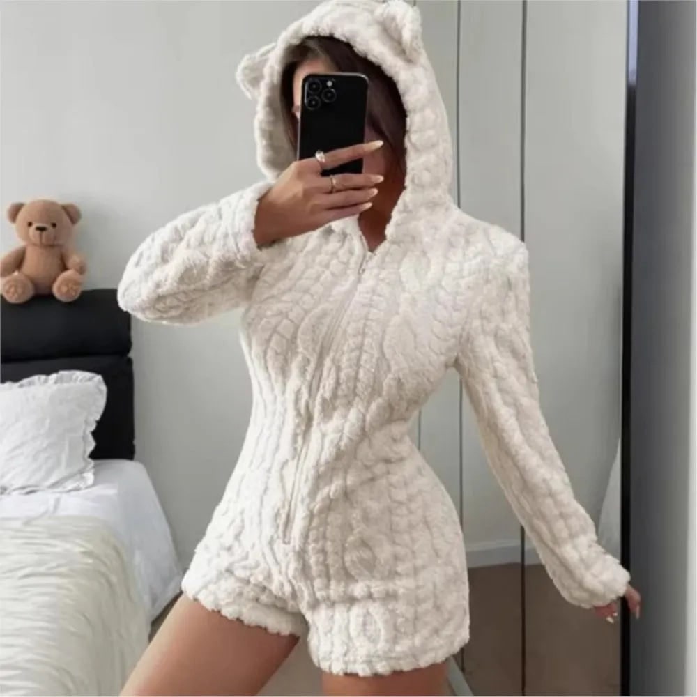 Fuzzy Romper with Long Sleeves Hooded Neckline and Teddy Bear Patch - Image 2