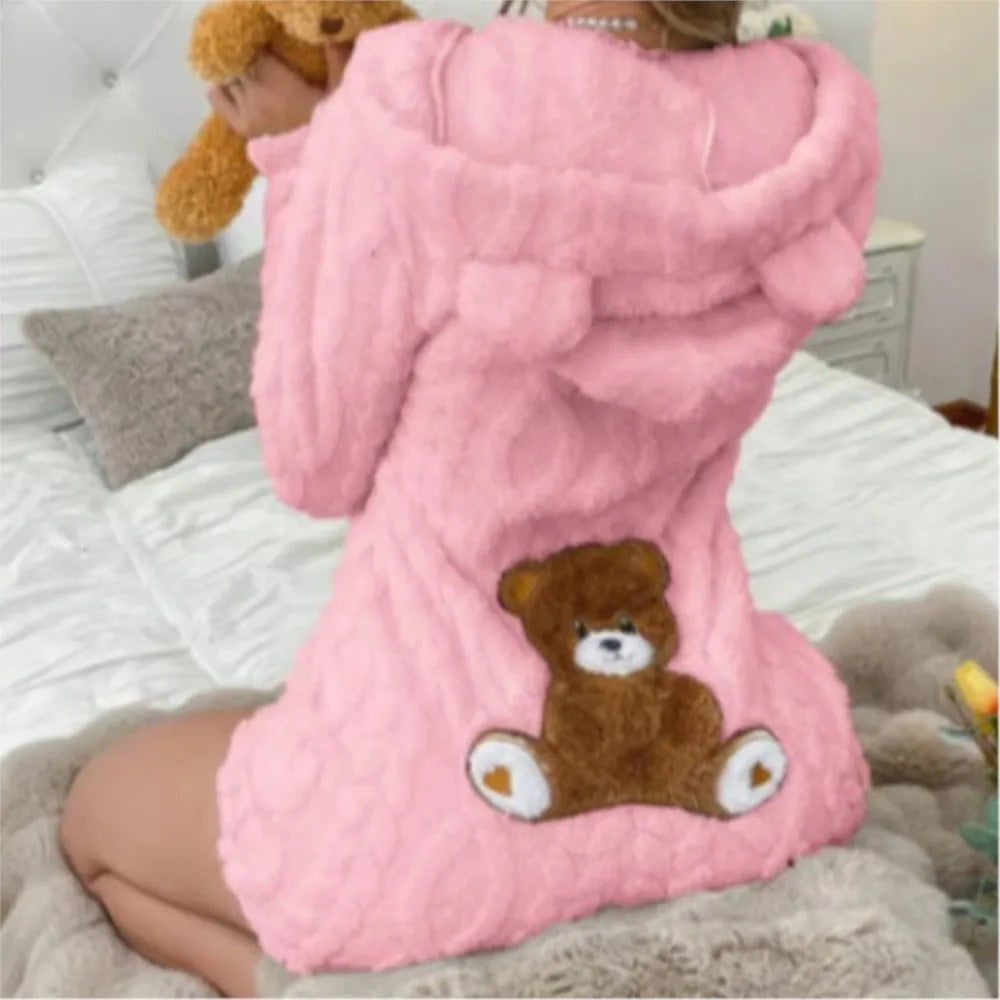 Fuzzy Romper with Long Sleeves Hooded Neckline and Teddy Bear Patch - Image 3