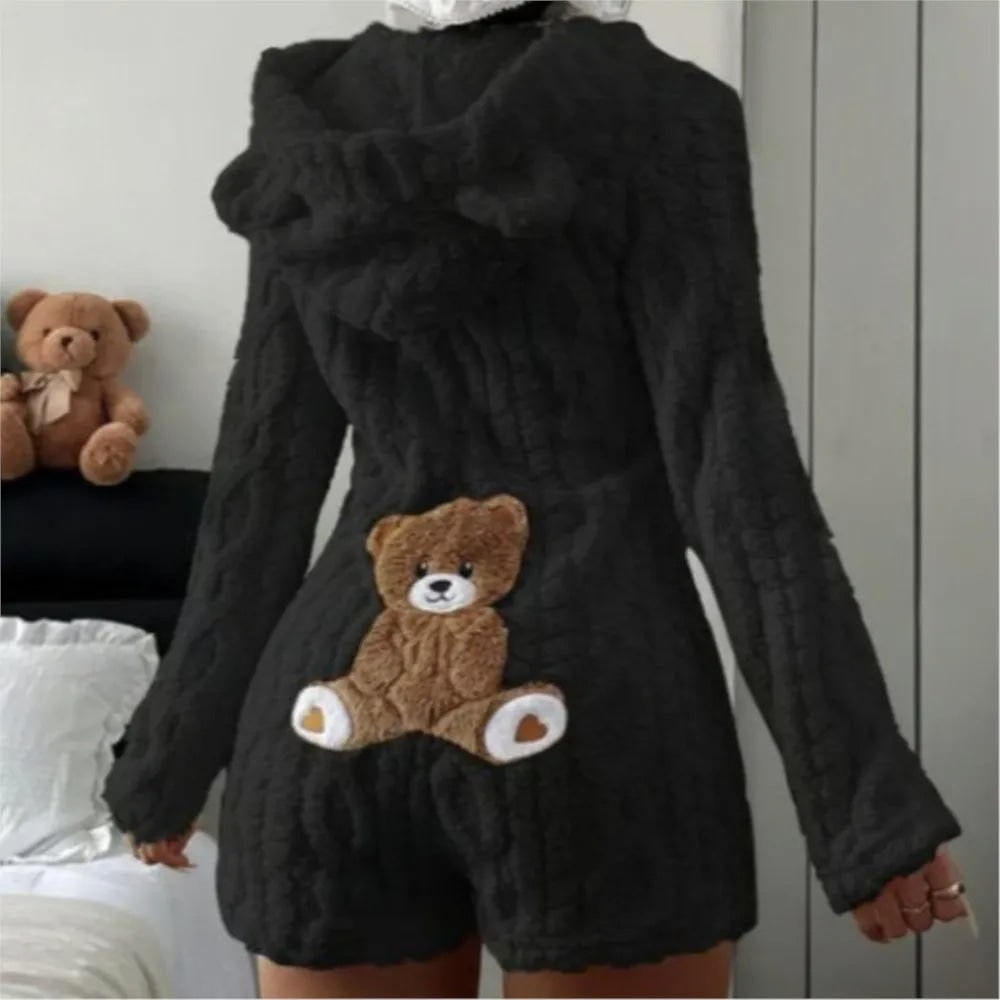 Fuzzy Romper with Long Sleeves Hooded Neckline and Teddy Bear Patch - Image 4
