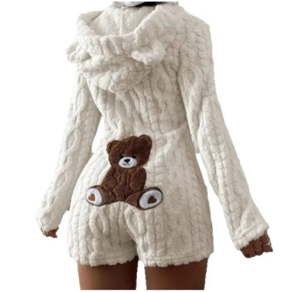 Fuzzy Romper with Long Sleeves Hooded Neckline and Teddy Bear Patch - Image 5