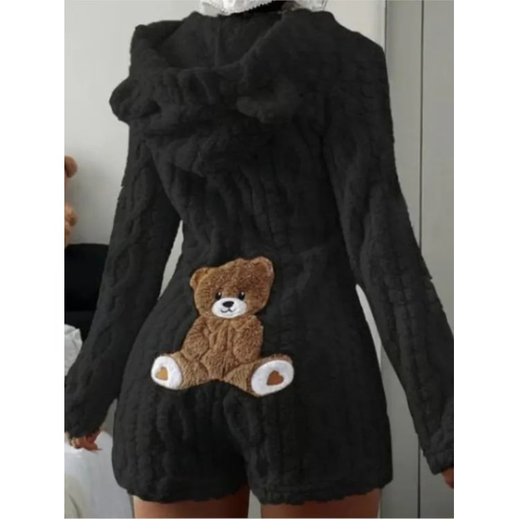 Fuzzy Romper with Long Sleeves Hooded Neckline and Teddy Bear Patch - Image 6