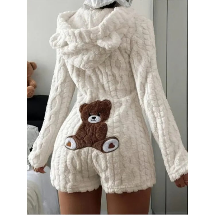 Fuzzy Romper with Long Sleeves Hooded Neckline and Teddy Bear Patch - Image 7
