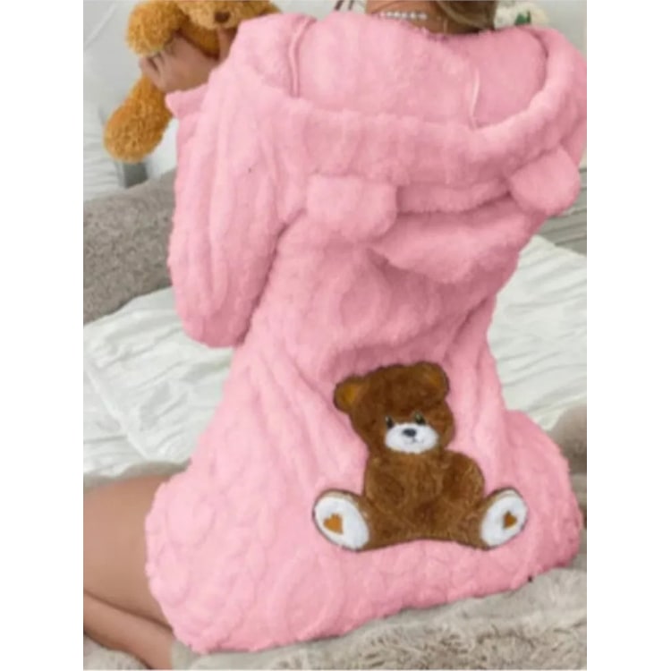 Fuzzy Romper with Long Sleeves Hooded Neckline and Teddy Bear Patch - Image 8