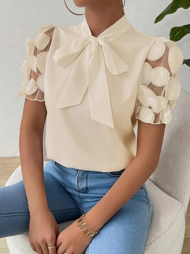 Gaia | Camicia Donna Fiocco Maniche Tulle Rose 3D Beige