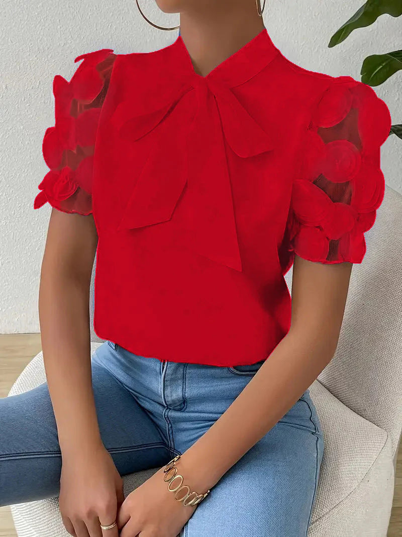 Gaia | Camicia Donna Fiocco Maniche Tulle Rose 3D Rosso