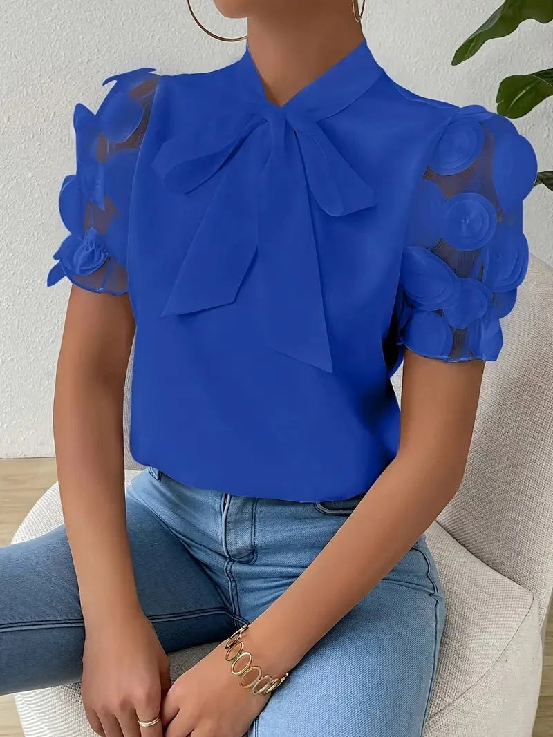 Gaia | Camicia Donna Fiocco Maniche Tulle Rose 3D Blu