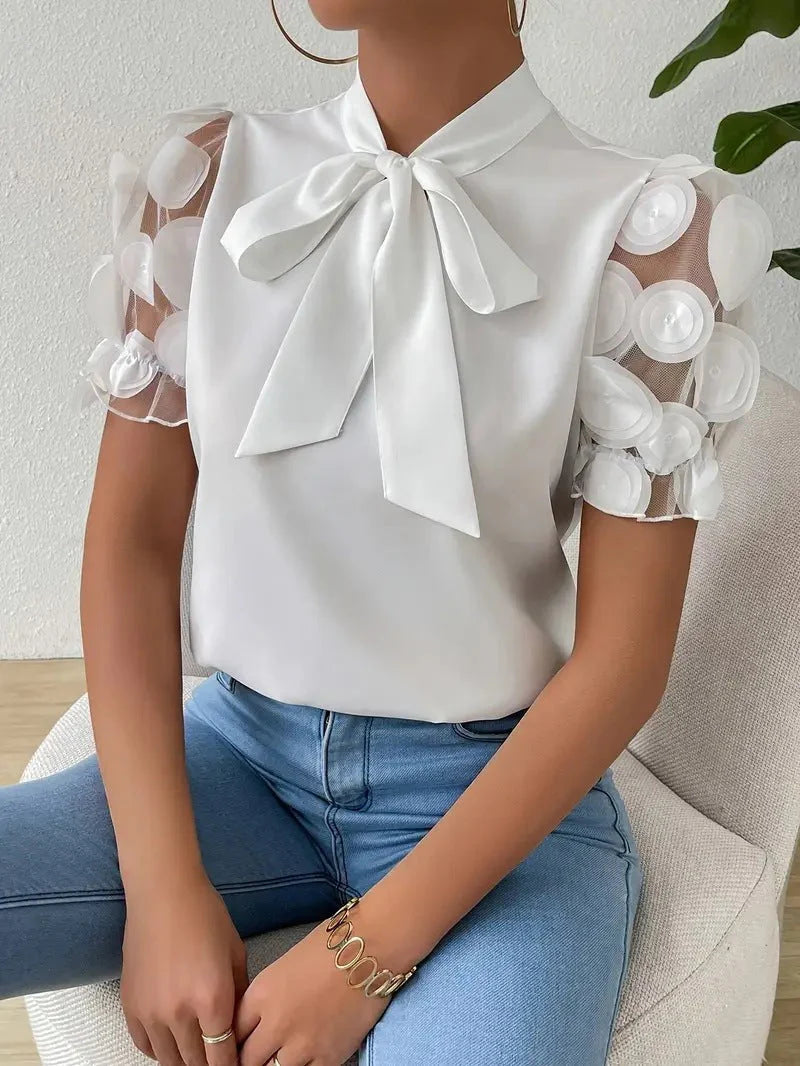 Gaia | Camicia Donna Fiocco Maniche Tulle Rose 3D Bianco