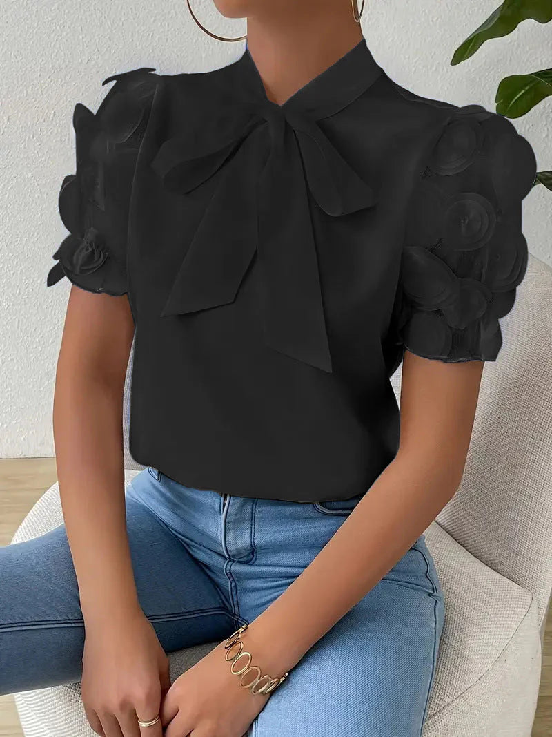 Gaia | Camicia Donna Fiocco Maniche Tulle Rose 3D Nero