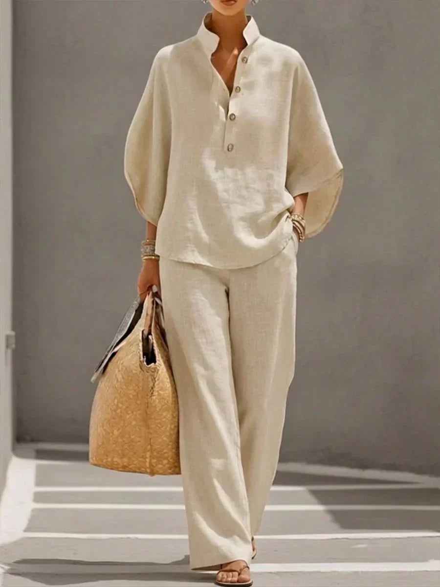 Gaia | Completo Lino Maniche Pipistrello Pantaloni Gamba Larga Beige